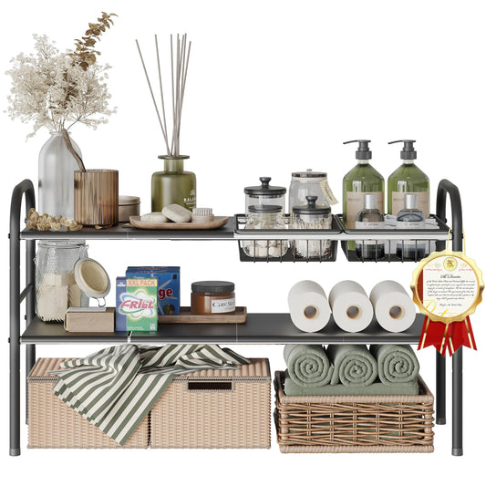 NETEL Under Sink Organizers and Storage 2 Tier Expandable Under Cabinet Organizer Shelf with 2 Baskets and 6 Panels Expandable Shelf for Cupboard Kitchen Bathroom Shoe Storage Rack