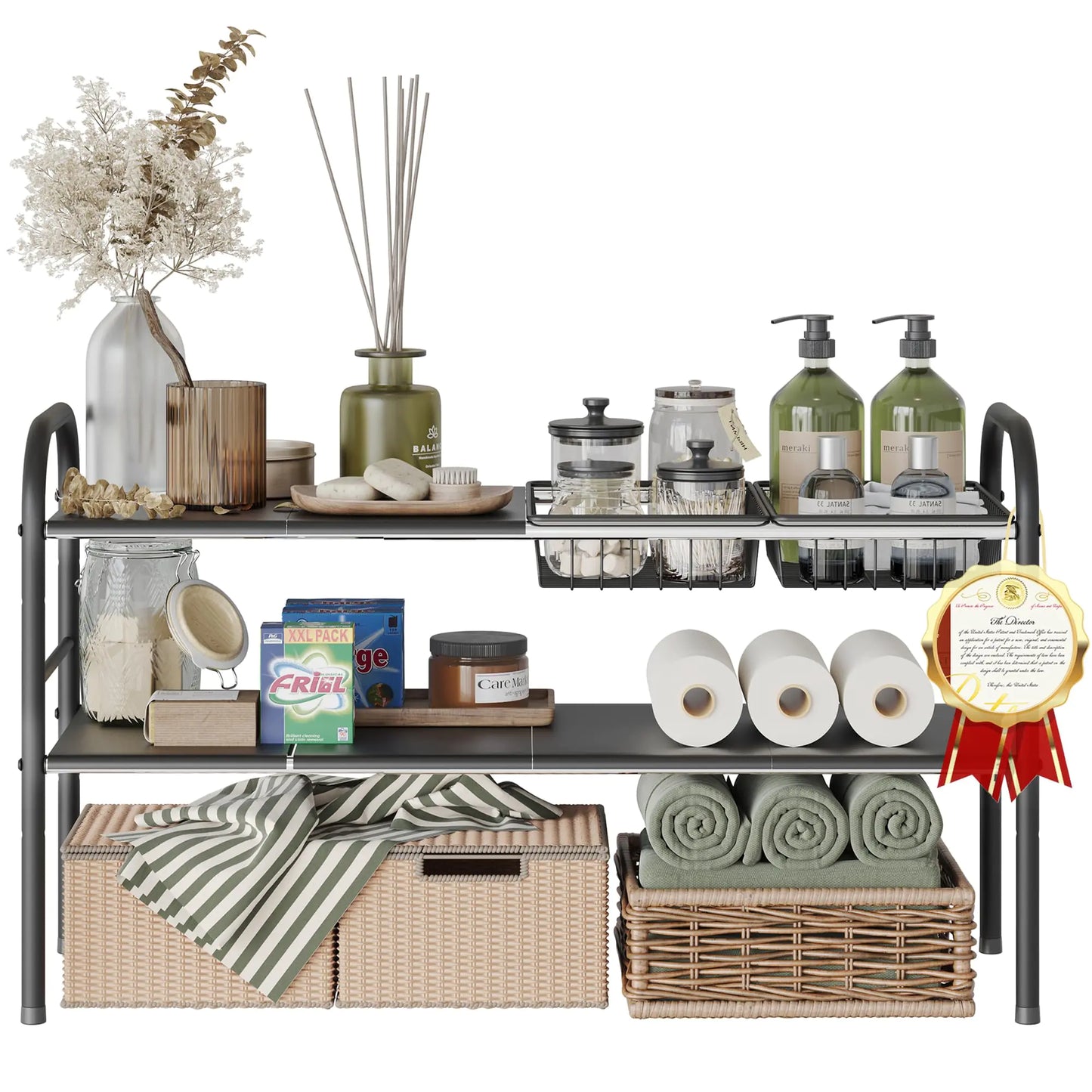 NETEL Under Sink Organizers and Storage 2 Tier Expandable Under Cabinet Organizer Shelf with 2 Baskets and 6 Panels Expandable Shelf for Cupboard Kitchen Bathroom Shoe Storage Rack